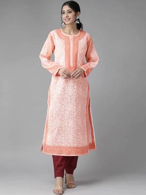 Ada Hand Embroidered Peach Cotton Lucknowi Chikankari Indian Women Kurta - A254077 1