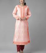 Ada Hand Embroidered Peach Cotton Lucknowi Chikankari Indian Women Kurta - A254077