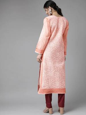 Ada Hand Embroidered Peach Cotton Lucknowi Chikankari Indian Women Kurta - A254077 2