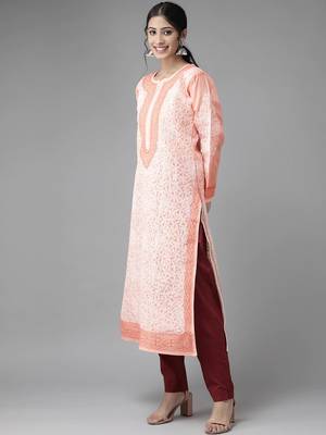 Ada Hand Embroidered Peach Cotton Lucknowi Chikankari Indian Women Kurta - A254077 3
