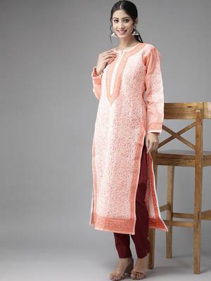 Ada Hand Embroidered Peach Cotton Lucknowi Chikankari Indian Women Kurta - A254077 4