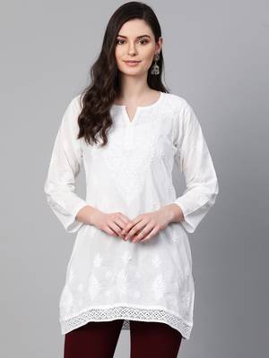 Ada White Embroidered Chikankari Cotton Short Kurti - A208704 1