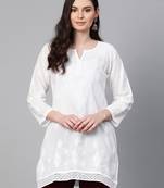 Ada White Embroidered Chikankari Cotton Short Kurti - A208704