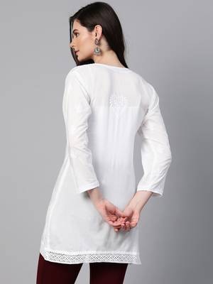 Ada White Embroidered Chikankari Cotton Short Kurti - A208704 2
