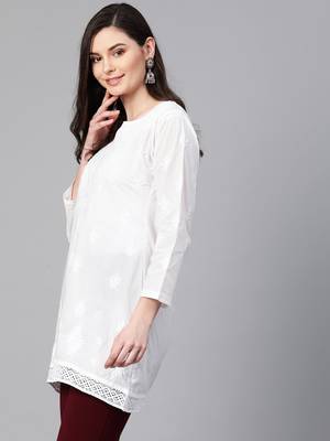 Ada White Embroidered Chikankari Cotton Short Kurti - A208704 3