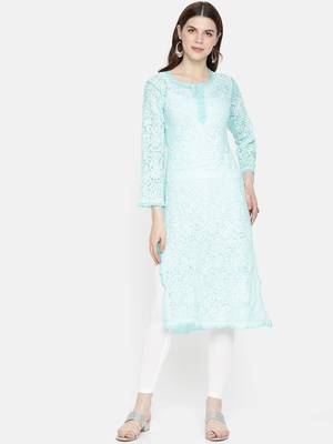 Ada Hand Embroidered Blue Georgette Lucknowi Chikankari Indian Women Kurta - A163786 1