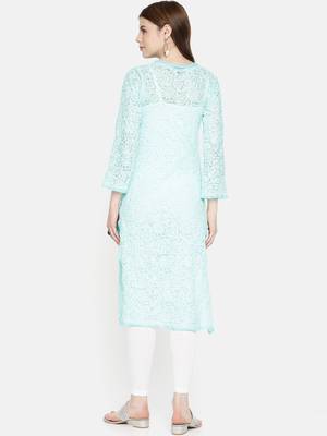 Ada Hand Embroidered Blue Georgette Lucknowi Chikankari Indian Women Kurta - A163786 2