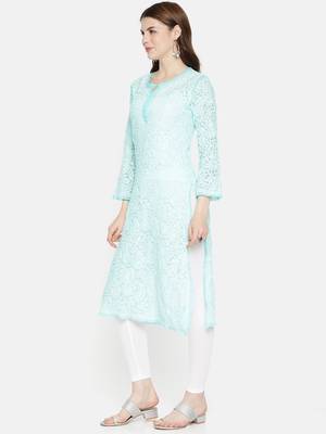 Ada Hand Embroidered Blue Georgette Lucknowi Chikankari Indian Women Kurta - A163786 3