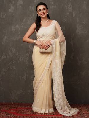 Women Hand Embroidered Fawn Faux Georgette Lucknow Chikankari Saree With Blouse 5