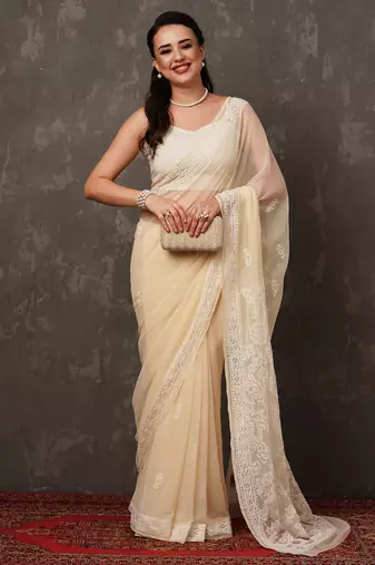 Women Hand Embroidered Fawn Faux Georgette Lucknow Chikankari Saree With Blouse