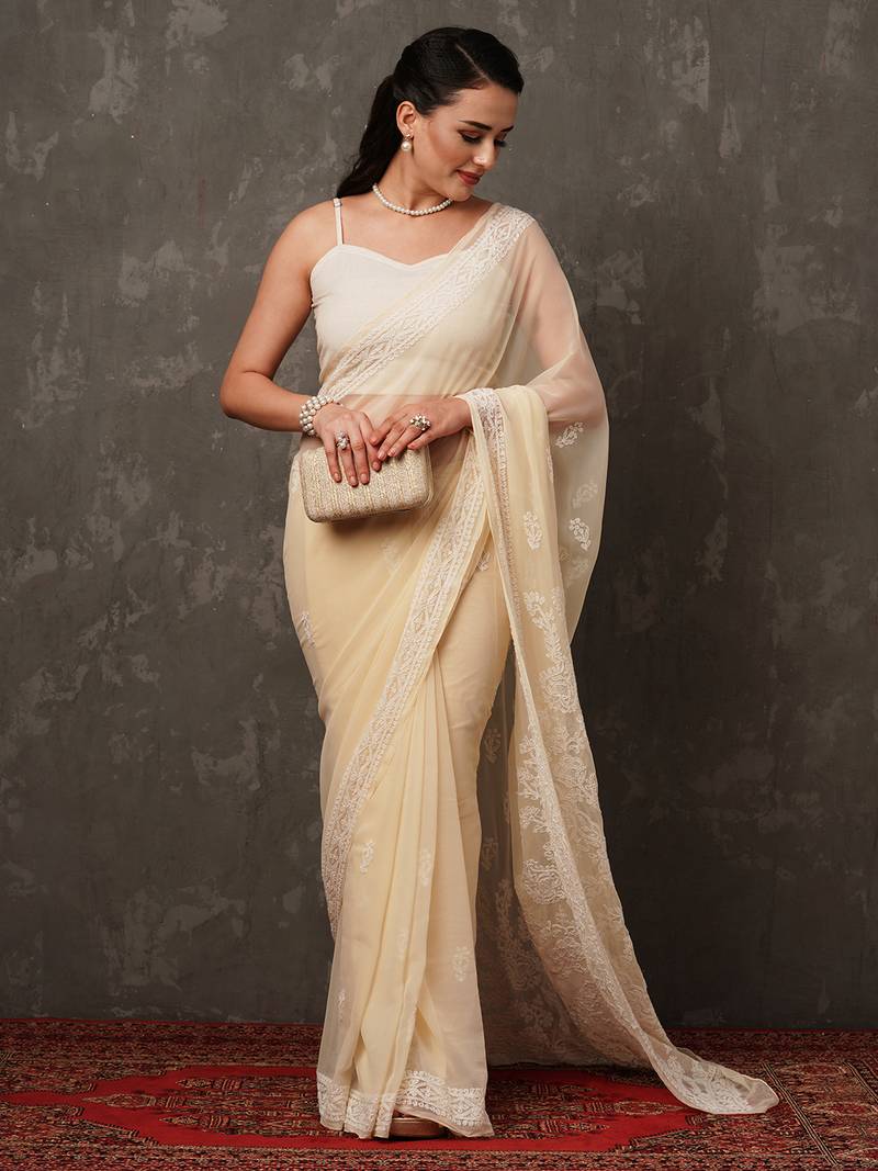 Women Hand Embroidered Fawn Faux Georgette Lucknow Chikankari Saree With Blouse