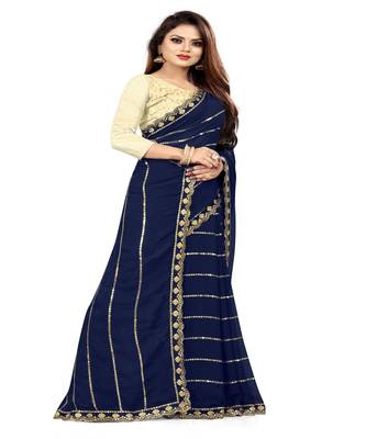 Dark Navy Blue Embroidered Georgette Saree With Blouse 3