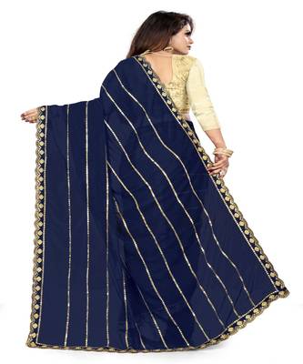 Dark Navy Blue Embroidered Georgette Saree With Blouse 4