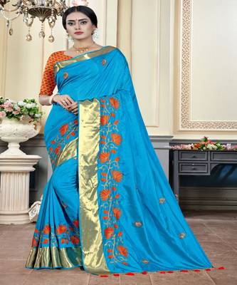 Turquoise embroidered cotton poly saree with blouse 1