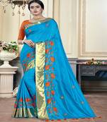 Turquoise embroidered cotton poly saree with blouse