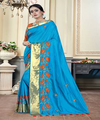 Turquoise embroidered cotton poly saree with blouse 2