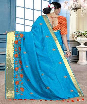 Turquoise embroidered cotton poly saree with blouse 3