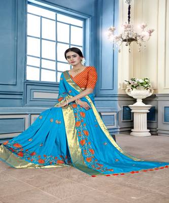 Turquoise embroidered cotton poly saree with blouse 4
