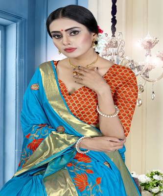 Turquoise embroidered cotton poly saree with blouse 5