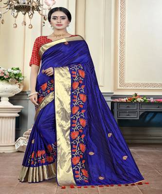 Dark navy blue embroidered cotton poly saree with blouse 1