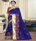 Dark navy blue embroidered cotton poly saree with blouse