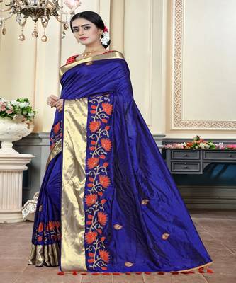 Dark navy blue embroidered cotton poly saree with blouse 2