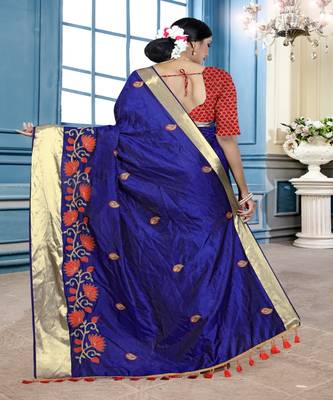 Dark navy blue embroidered cotton poly saree with blouse 3