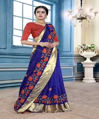 Dark navy blue embroidered cotton poly saree with blouse 4