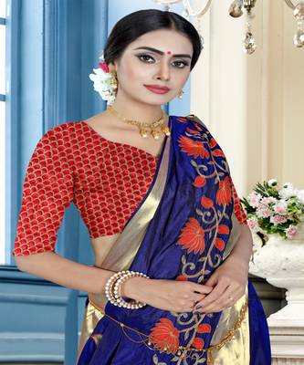 Dark navy blue embroidered cotton poly saree with blouse 5
