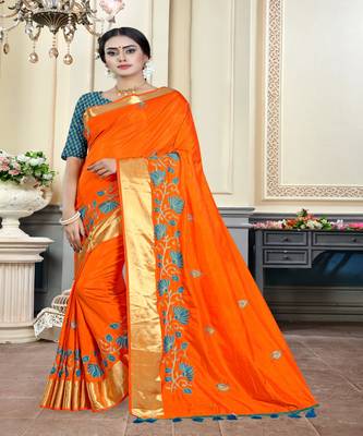 Orange embroidered cotton poly saree with blouse 1