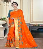 Orange embroidered cotton poly saree with blouse