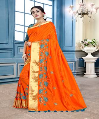 Orange embroidered cotton poly saree with blouse 2