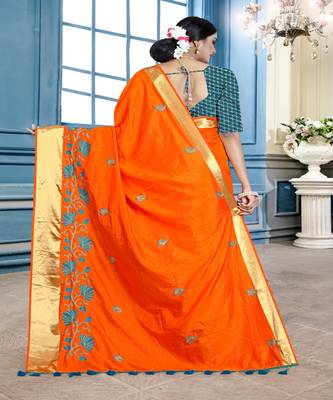 Orange embroidered cotton poly saree with blouse 3