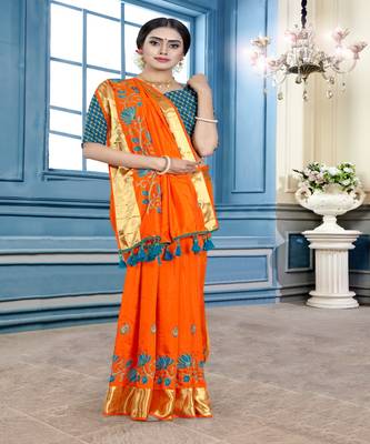 Orange embroidered cotton poly saree with blouse 4