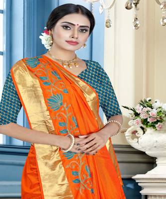 Orange embroidered cotton poly saree with blouse 5
