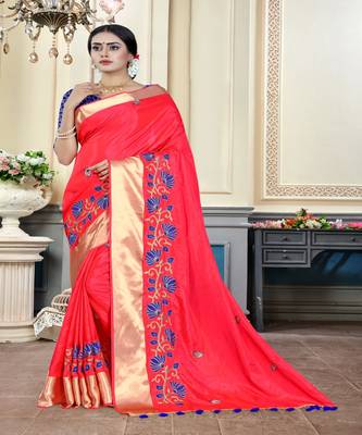 Pink embroidered cotton poly saree with blouse 1