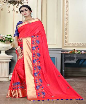Pink embroidered cotton poly saree with blouse 2