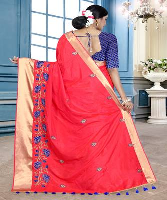 Pink embroidered cotton poly saree with blouse 3