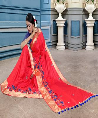 Pink embroidered cotton poly saree with blouse 4