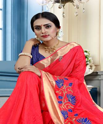 Pink embroidered cotton poly saree with blouse 5