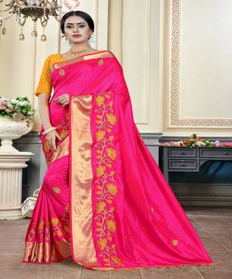 Red embroidered cotton poly saree with blouse 1