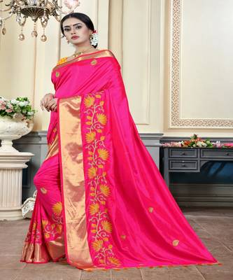 Red embroidered cotton poly saree with blouse 2