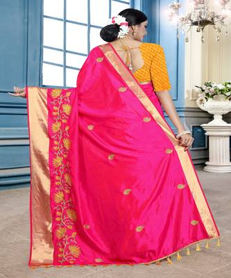 Red embroidered cotton poly saree with blouse 3