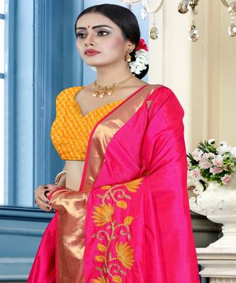 Red embroidered cotton poly saree with blouse 4