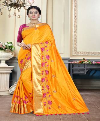 Yellow embroidered cotton poly saree with blouse 1