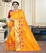 Yellow embroidered cotton poly saree with blouse