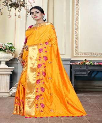 Yellow embroidered cotton poly saree with blouse 2