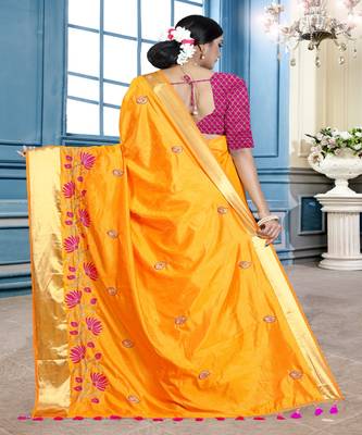 Yellow embroidered cotton poly saree with blouse 3