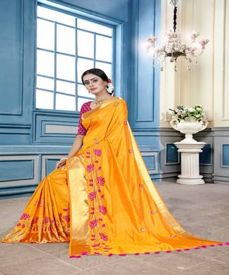 Yellow embroidered cotton poly saree with blouse 4
