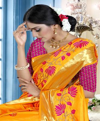 Yellow embroidered cotton poly saree with blouse 5
